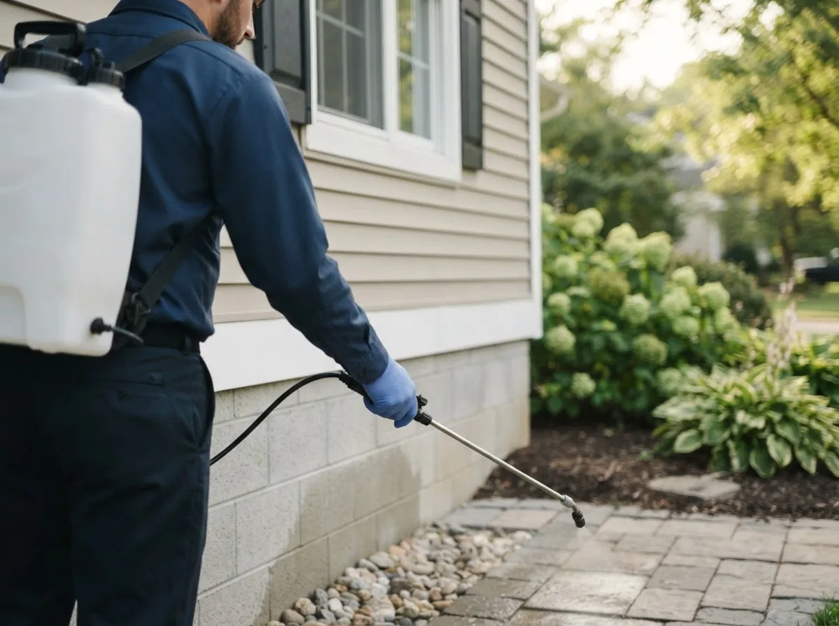Pest control technician inspecting a home in Somerville, OH